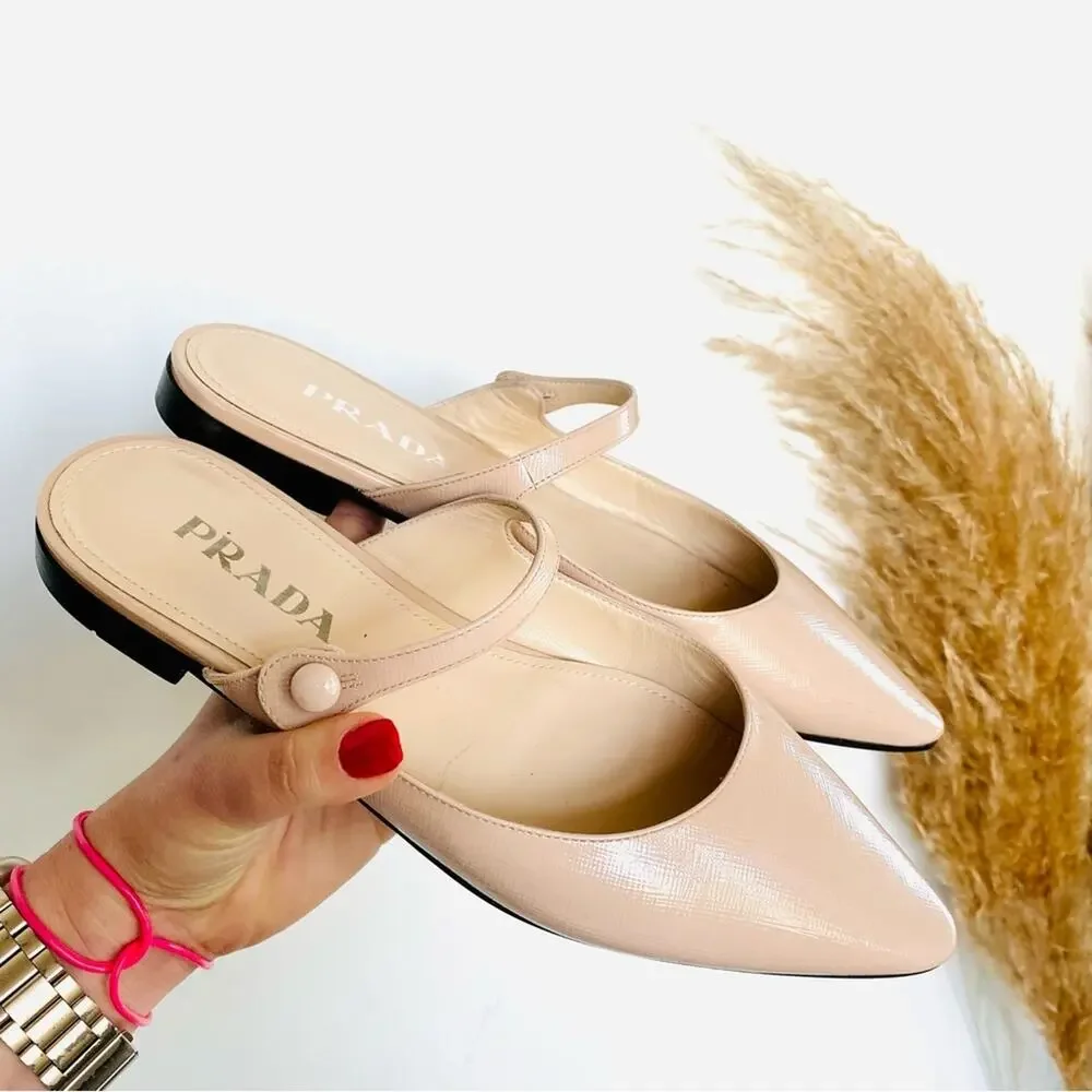 PRADA Nude Cream Beige Patent Leather Strap Pointed Toe Flats Slip On Slides 38 - Picture 12 of 16